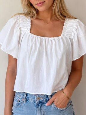 Zara White Square Neck Flutter Sleeve Top
